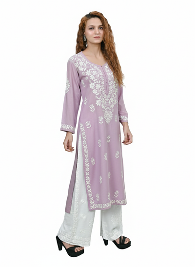 MS CHIKAN ARTS Women's Rayon Full Sleeve Lucknowi Chikankari Hand Work Round Neck Kurti