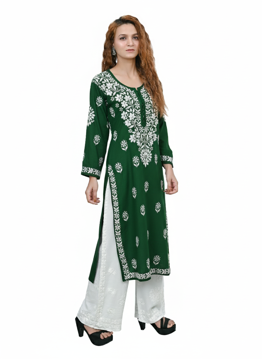 MS CHIKAN ARTS Women's Rayon Full Sleeve Lucknowi Chikankari Hand Work Round Neck Kurti