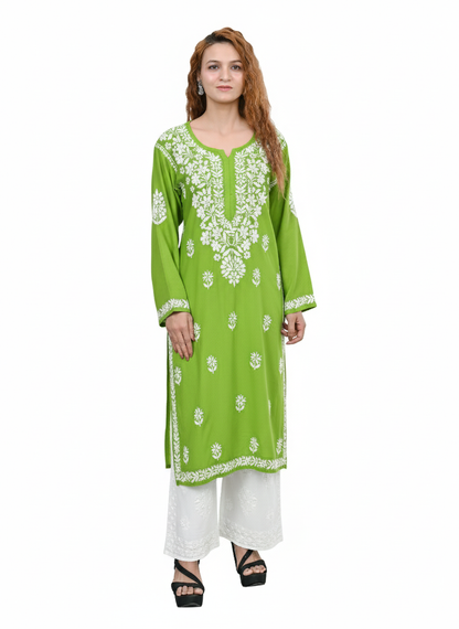MS CHIKAN ARTS Women's Rayon Full Sleeve Lucknowi Chikankari Hand Work Round Neck Kurti