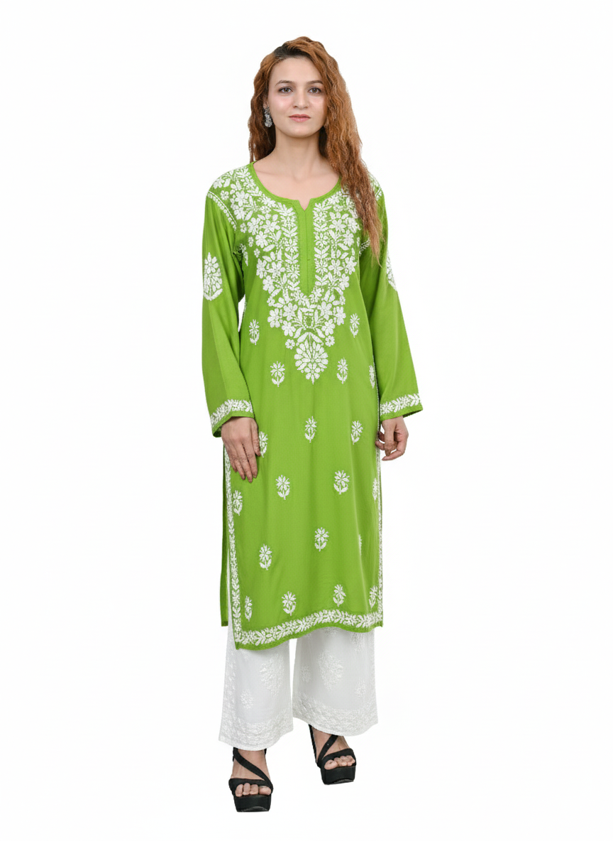 MS CHIKAN ARTS Women's Rayon Full Sleeve Lucknowi Chikankari Hand Work Round Neck Kurti