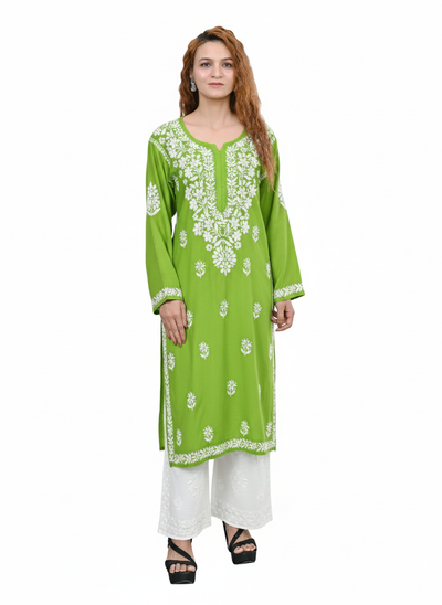 MS CHIKAN ARTS Women's Rayon Full Sleeve Lucknowi Chikankari Hand Work Round Neck Kurti