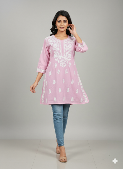 "Short Rayon Lucknowi Chikankari Kurti with Hand Embroidery"
