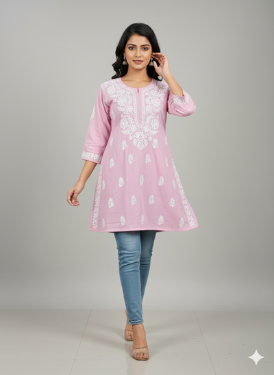 "Short Rayon Lucknowi Chikankari Kurti with Hand Embroidery"