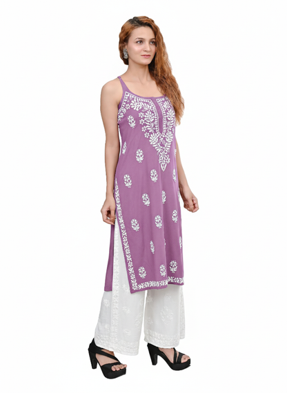 MS CHIKAN ARTS Women's Rayon Sleeveless Lucknowi Chikankari Hand Work Round Neck Kurti