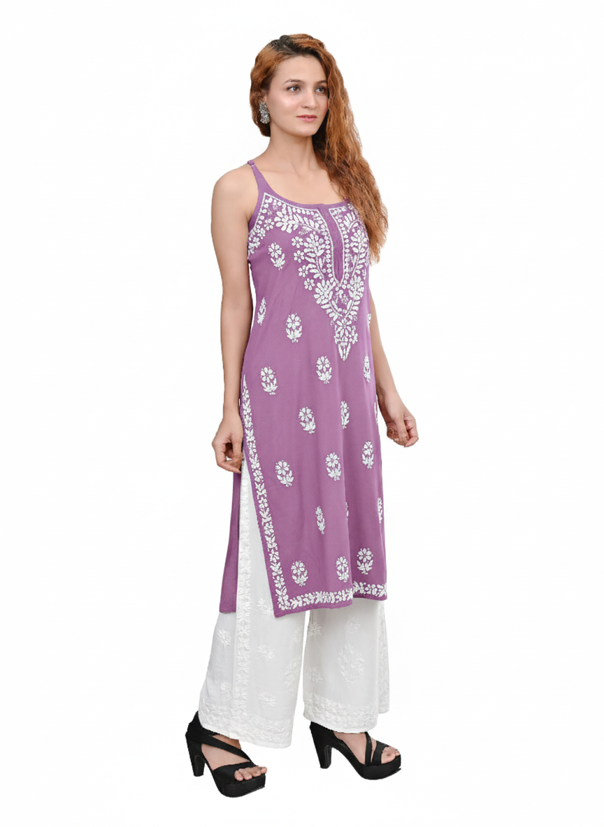 MS CHIKAN ARTS Women's Rayon Sleeveless Lucknowi Chikankari Hand Work Round Neck Kurti