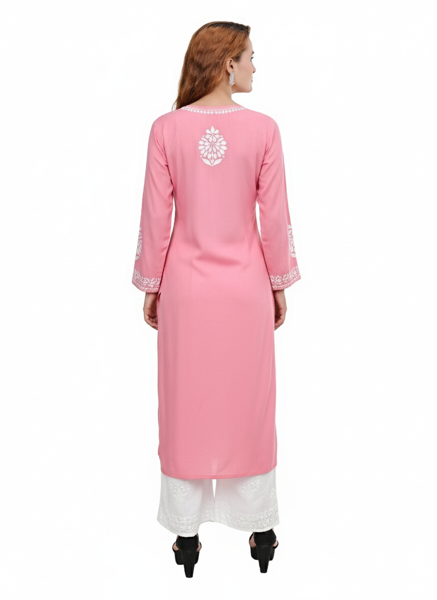 MS CHIKAN ARTS Women's Rayon Full Sleeve Lucknowi Chikankari Hand Work Round Neck Kurti