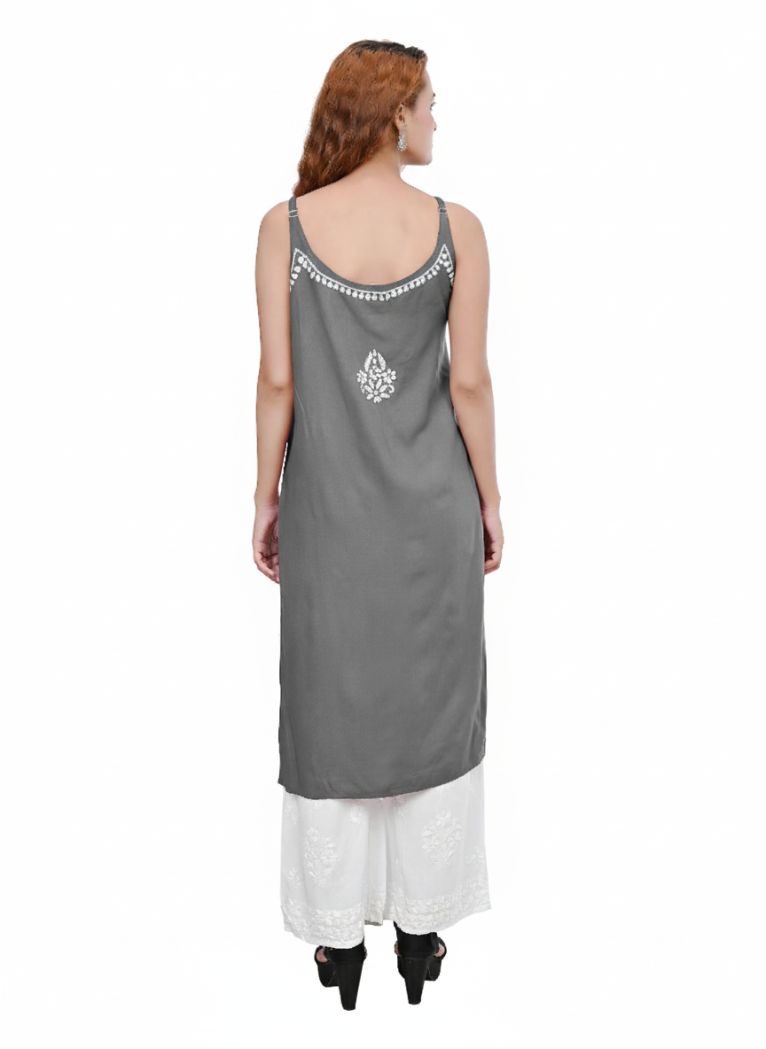 MS CHIKAN ARTS Women's Rayon Sleeveless Lucknowi Chikankari Hand Work Round Neck Kurti