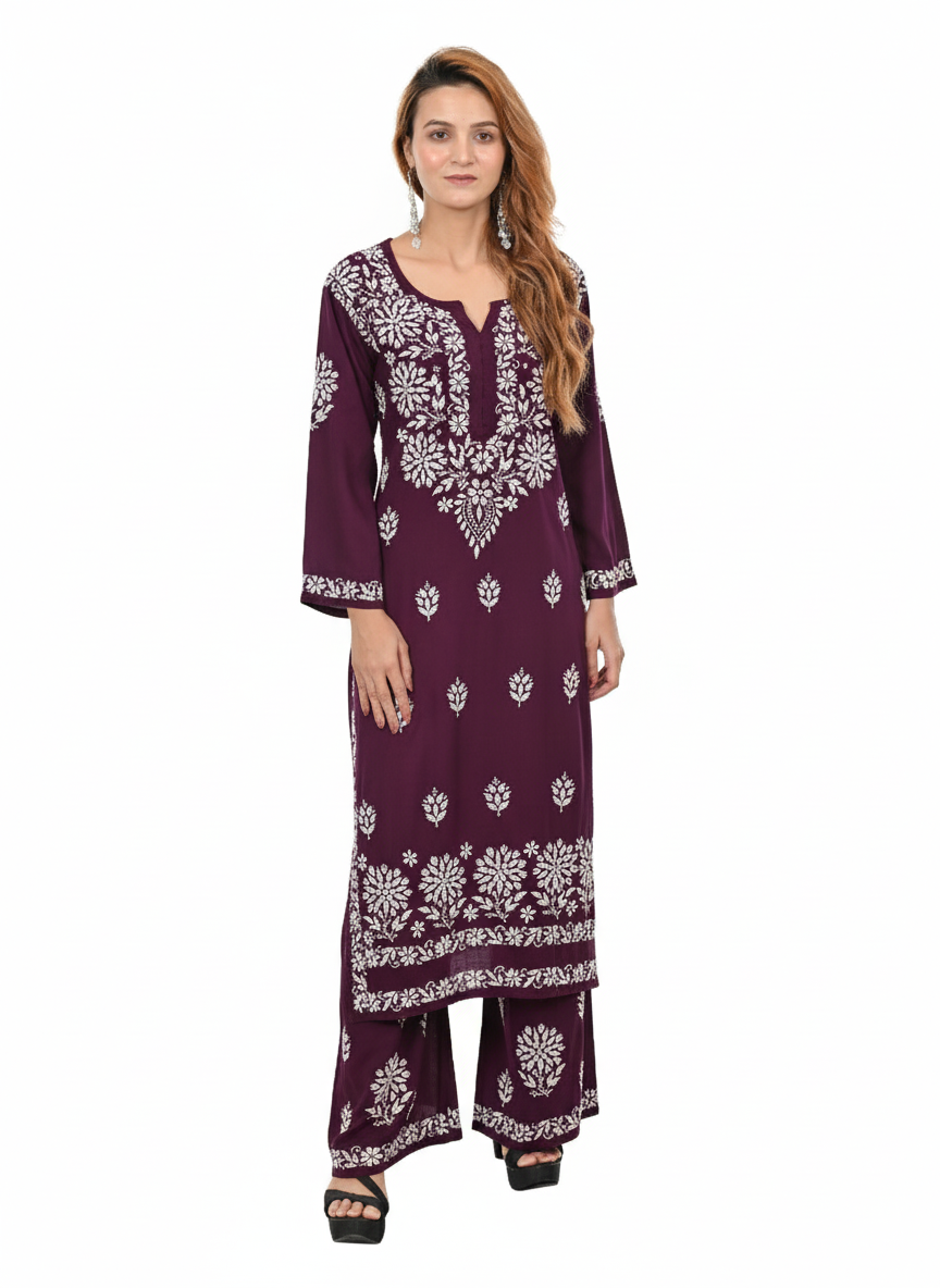 Handmade Embroidered Rayon Lucknowi Chikankari Plazo Set