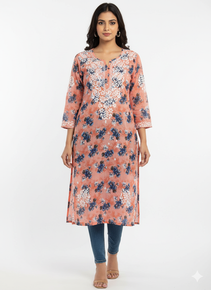“Traditional Lucknowi Chikankari Printed Malmal Kurti with Hand Embroidery”