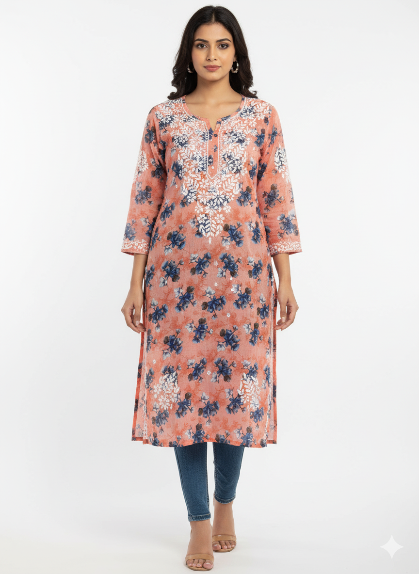 “Traditional Lucknowi Chikankari Printed Malmal Kurti with Hand Embroidery”