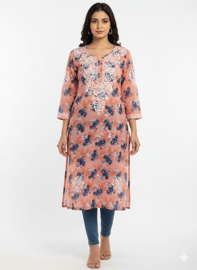 “Traditional Lucknowi Chikankari Printed Malmal Kurti with Hand Embroidery”