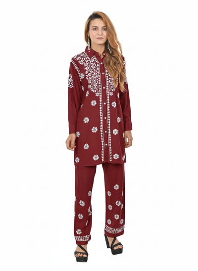 Handmade Embroidered Rayon Lucknowi Chikankari Co-ord Set