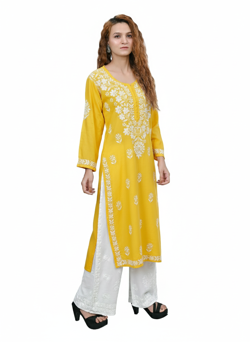 MS CHIKAN ARTS Women's Rayon Full Sleeve Lucknowi Chikankari Hand Work Round Neck Kurti