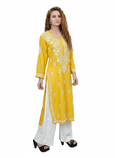 MS CHIKAN ARTS Women's Rayon Full Sleeve Lucknowi Chikankari Hand Work Round Neck Kurti