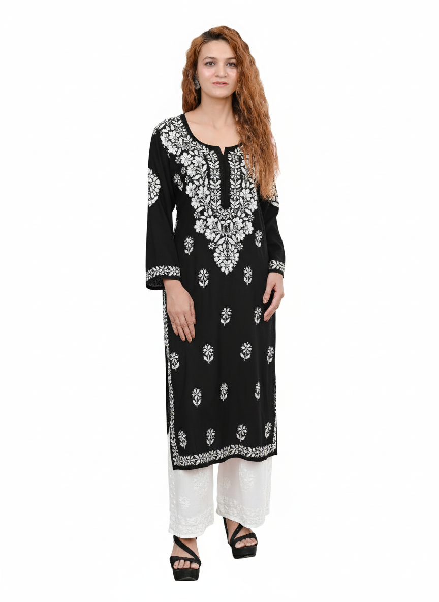 MS CHIKAN ARTS Women's Rayon Full Sleeve Lucknowi Chikankari Hand Work Round Neck Kurti