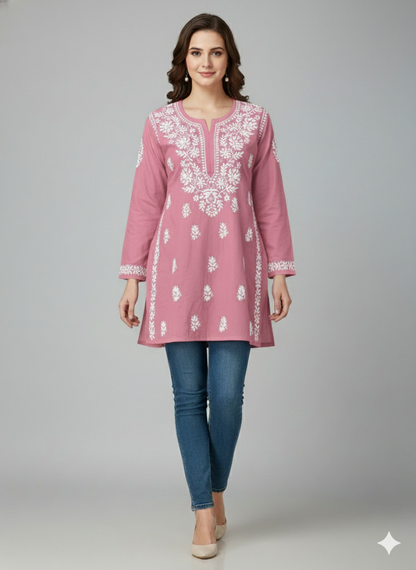 "Short Rayon Lucknowi Chikankari Kurti with Hand Embroidery"
