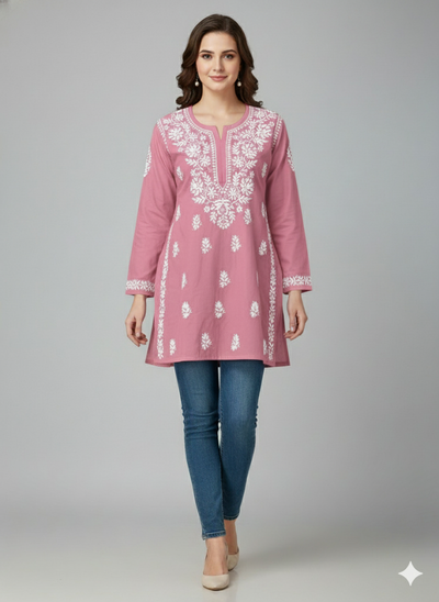"Short Rayon Lucknowi Chikankari Kurti with Hand Embroidery"