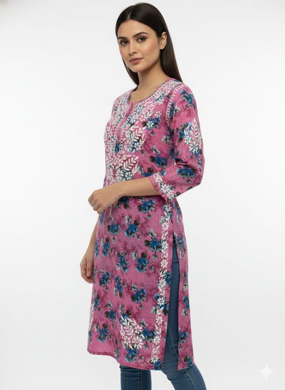 “Traditional Lucknowi Chikankari Printed Malmal Kurti with Hand Embroidery”