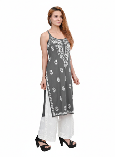 MS CHIKAN ARTS Women's Rayon Sleeveless Lucknowi Chikankari Hand Work Round Neck Kurti