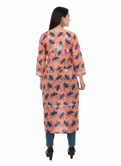 “Traditional Lucknowi Chikankari Printed Malmal Kurti with Hand Embroidery”
