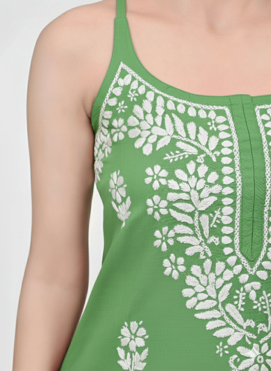 MS CHIKAN ARTS Women's Rayon Sleeveless Lucknowi Chikankari Hand Work Round Neck Kurti