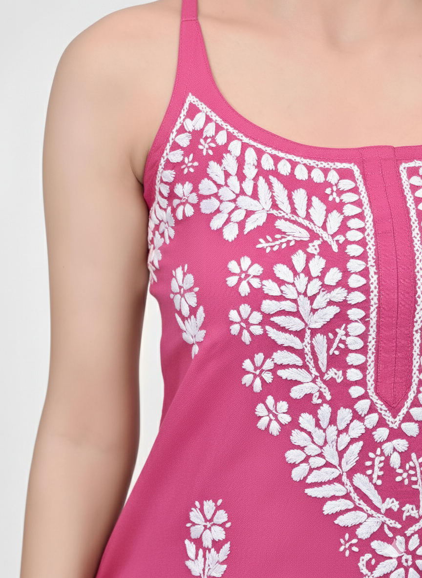 MS CHIKAN ARTS Women's Rayon Sleeveless Lucknowi Chikankari Hand Work Round Neck Kurti