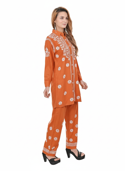 Handmade Embroidered Rayon Lucknowi Chikankari Co-ord Set