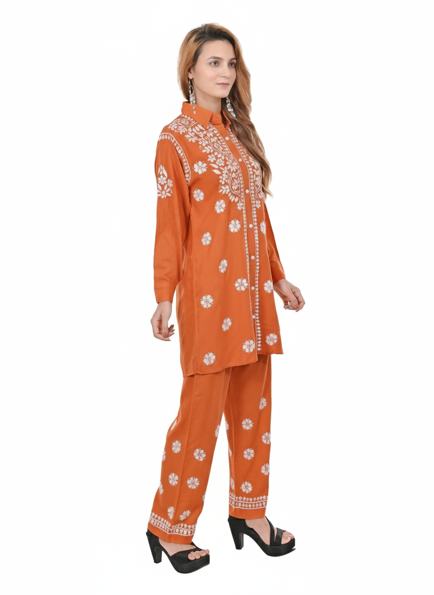 Handmade Embroidered Rayon Lucknowi Chikankari Co-ord Set