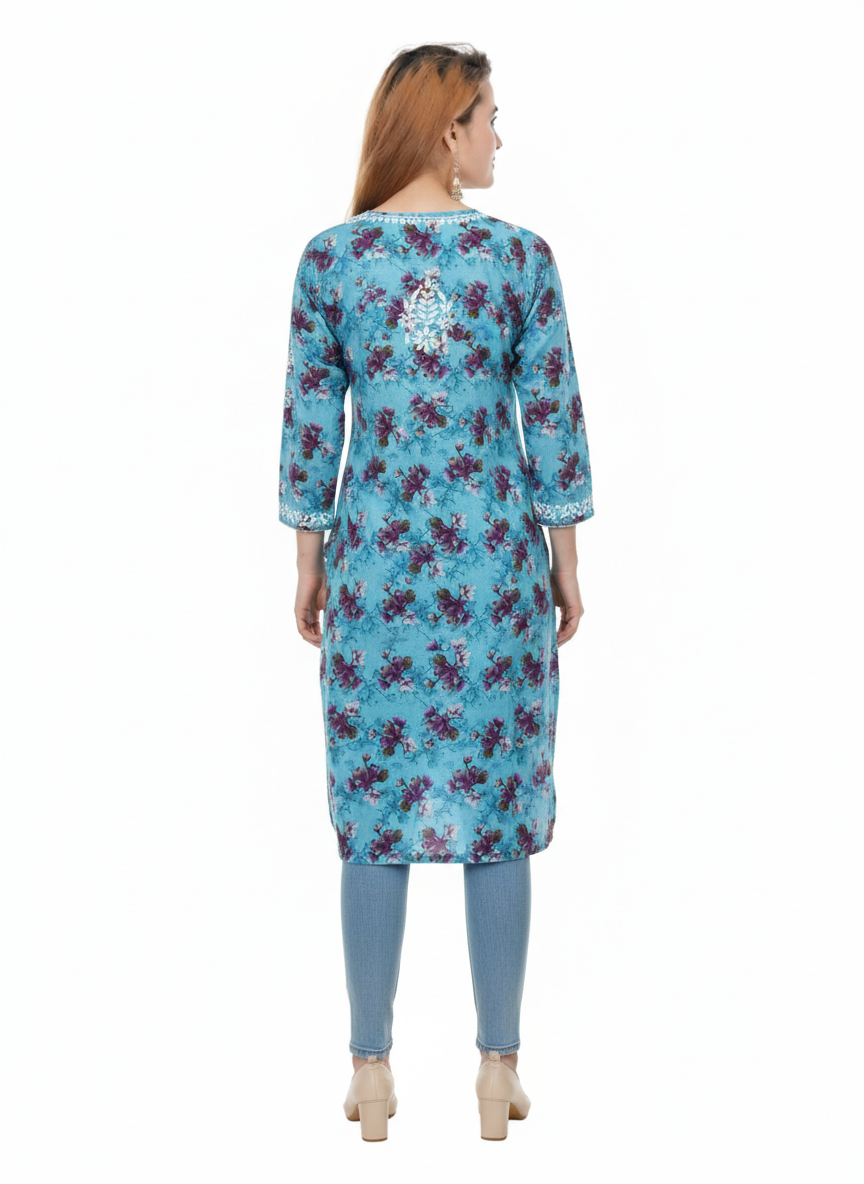 “Traditional Lucknowi Chikankari Printed Malmal Kurti with Hand Embroidery”