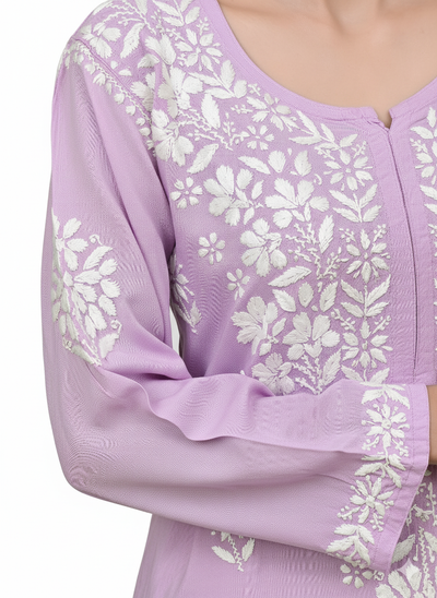 MS CHIKAN ARTS Women's Rayon Full Sleeve Lucknowi Chikankari Hand Work Round Neck Kurti