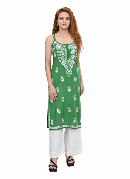MS CHIKAN ARTS Women's Rayon Sleeveless Lucknowi Chikankari Hand Work Round Neck Kurti