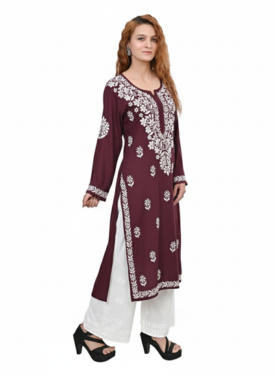MS CHIKAN ARTS Women's Rayon Full Sleeve Lucknowi Chikankari Hand Work Round Neck Kurti
