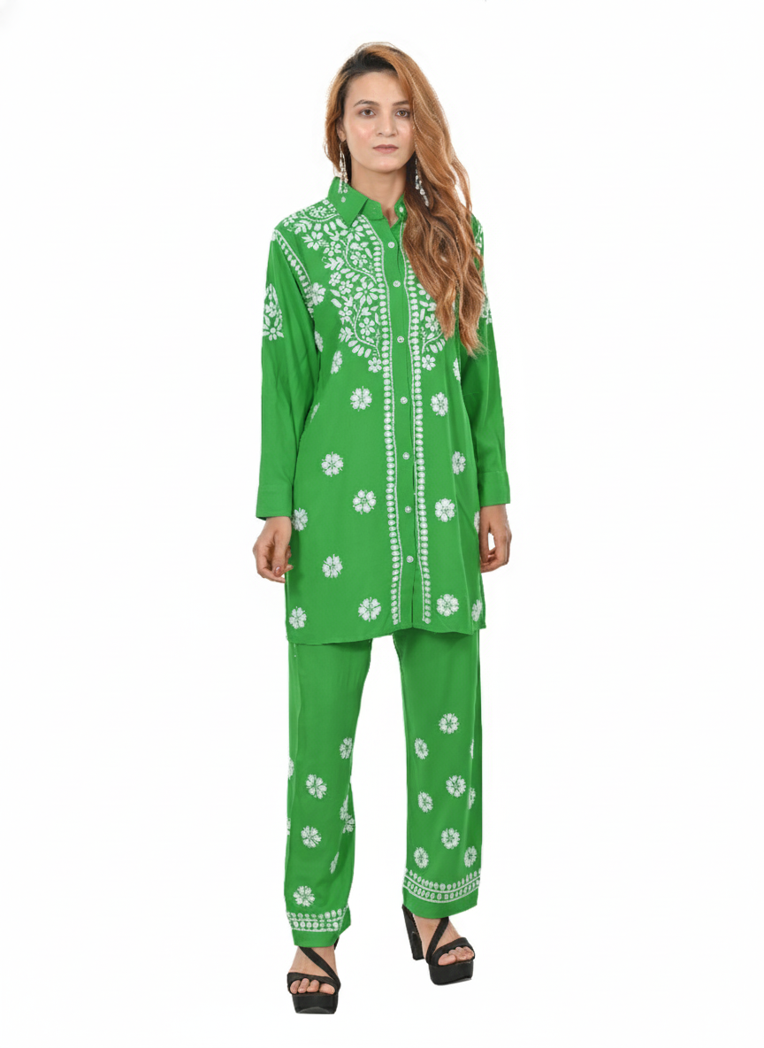 Handmade Embroidered Rayon Lucknowi Chikankari Co-ord Set