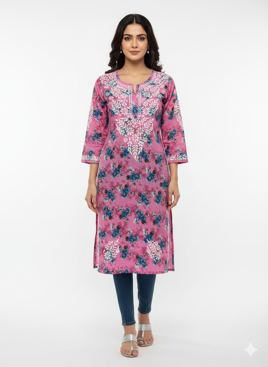 “Traditional Lucknowi Chikankari Printed Malmal Kurti with Hand Embroidery”