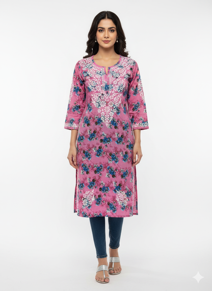 “Traditional Lucknowi Chikankari Printed Malmal Kurti with Hand Embroidery”