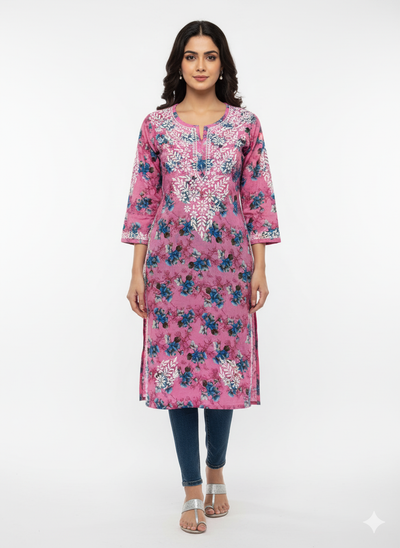 “Traditional Lucknowi Chikankari Printed Malmal Kurti with Hand Embroidery”