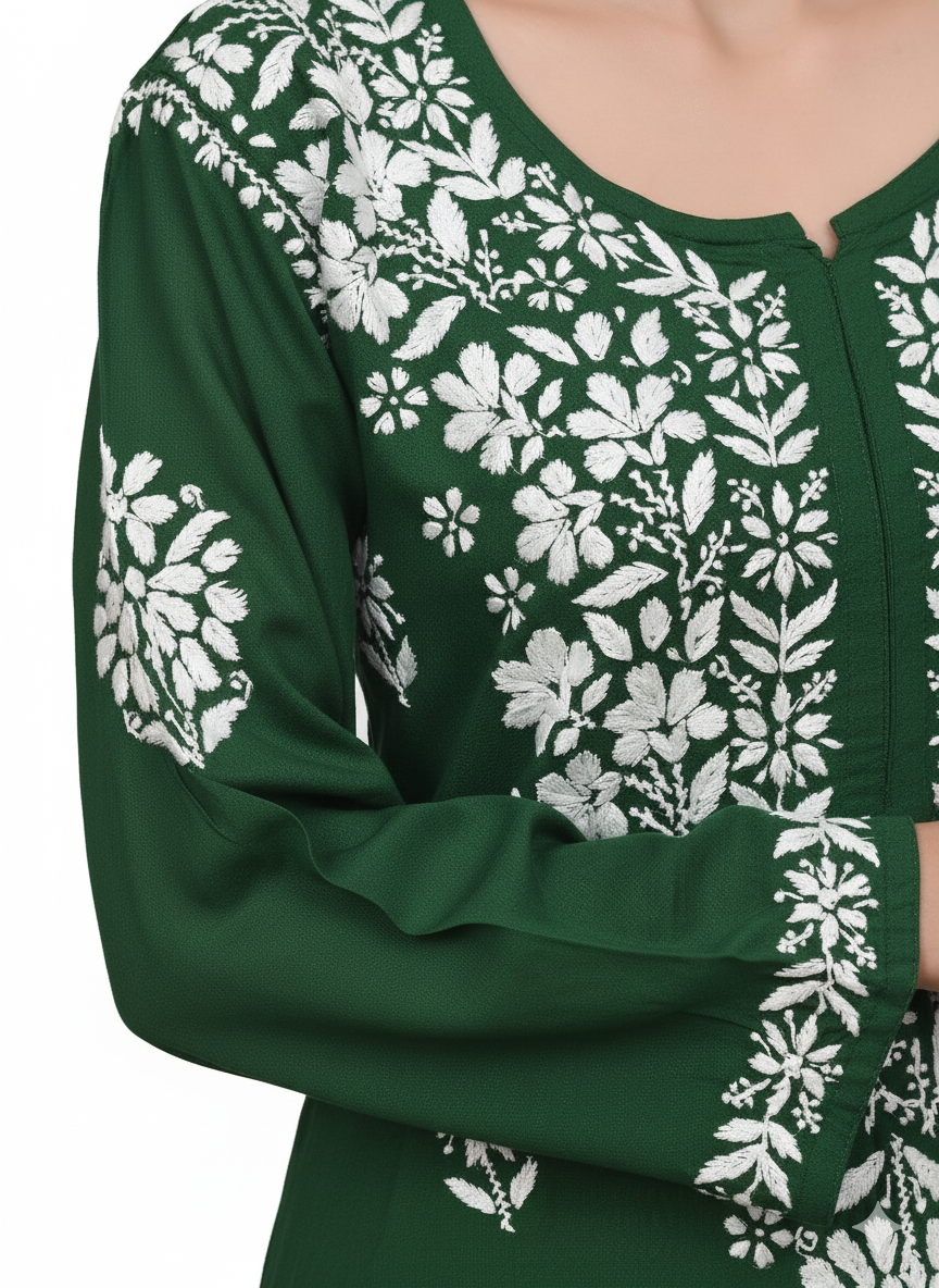 MS CHIKAN ARTS Women's Rayon Full Sleeve Lucknowi Chikankari Hand Work Round Neck Kurti