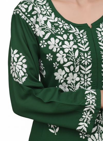 MS CHIKAN ARTS Women's Rayon Full Sleeve Lucknowi Chikankari Hand Work Round Neck Kurti