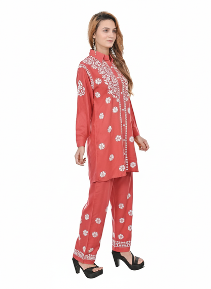 Handmade Embroidered Rayon Lucknowi Chikankari Co-ord Set