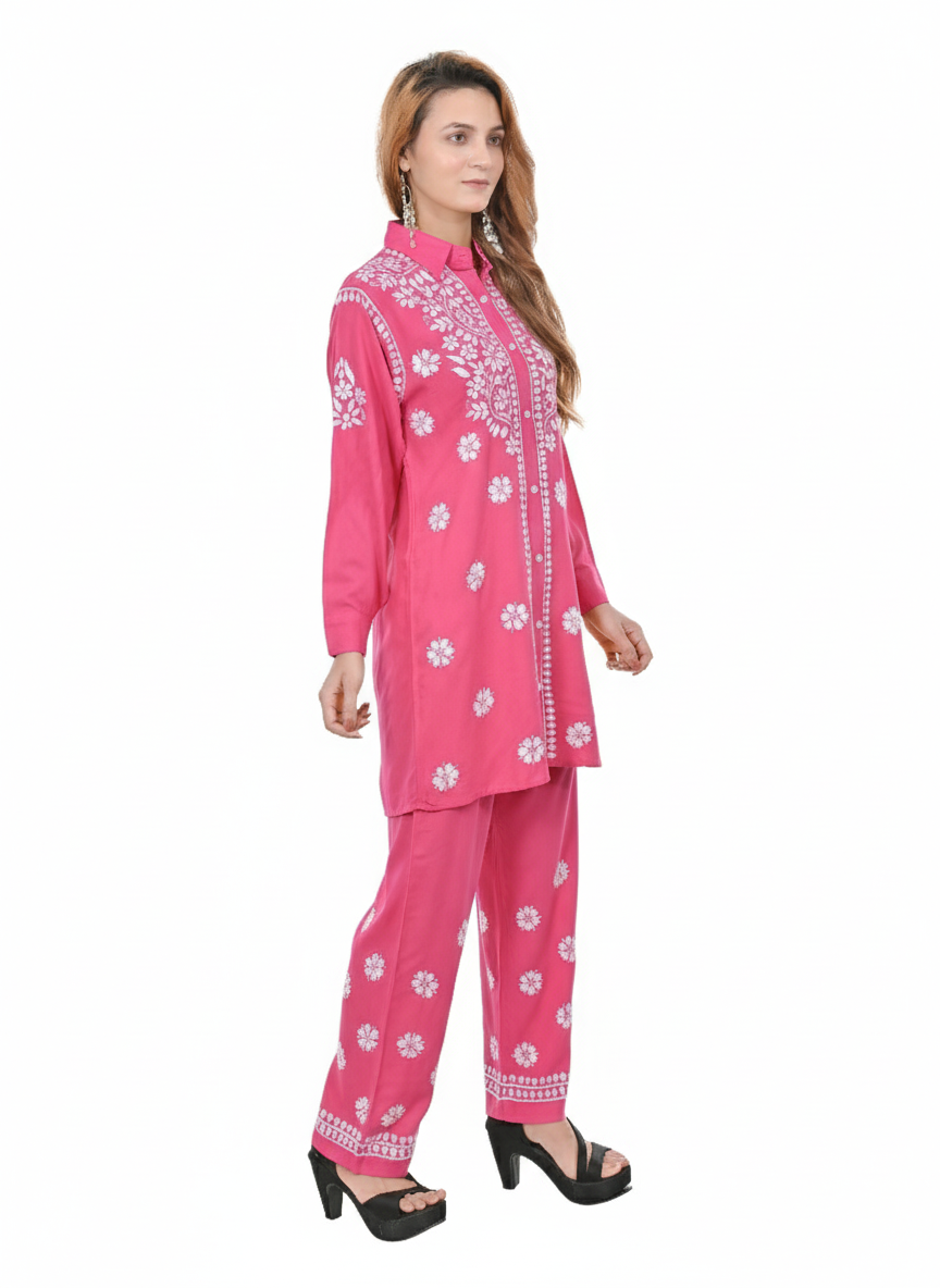 Handmade Embroidered Rayon Lucknowi Chikankari Co-ord Set