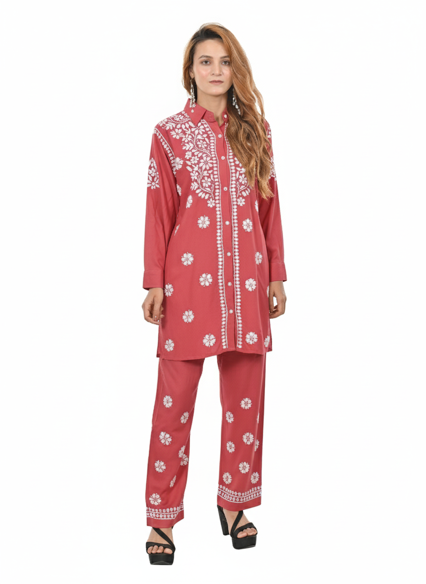 Handmade Embroidered Rayon Lucknowi Chikankari Co-ord Set