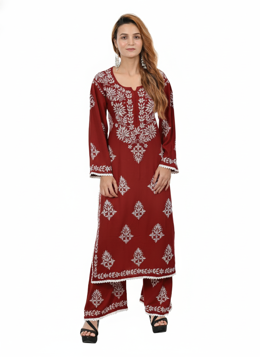 Handmade Embroidered Rayon Lace Plazo Set