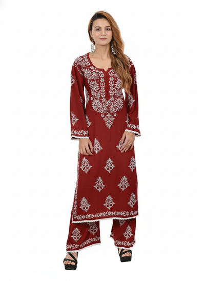 Handmade Embroidered Rayon Lace Plazo Set