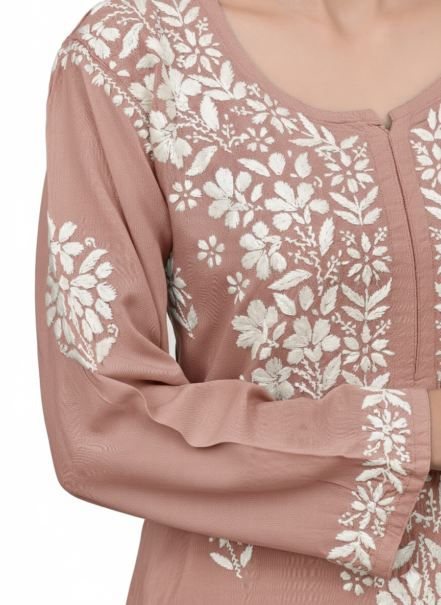 MS CHIKAN ARTS Women's Rayon Full Sleeve Lucknowi Chikankari Hand Work Round Neck Kurti