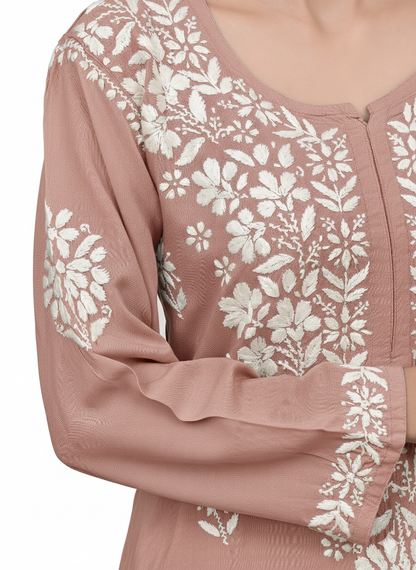 MS CHIKAN ARTS Women's Rayon Full Sleeve Lucknowi Chikankari Hand Work Round Neck Kurti