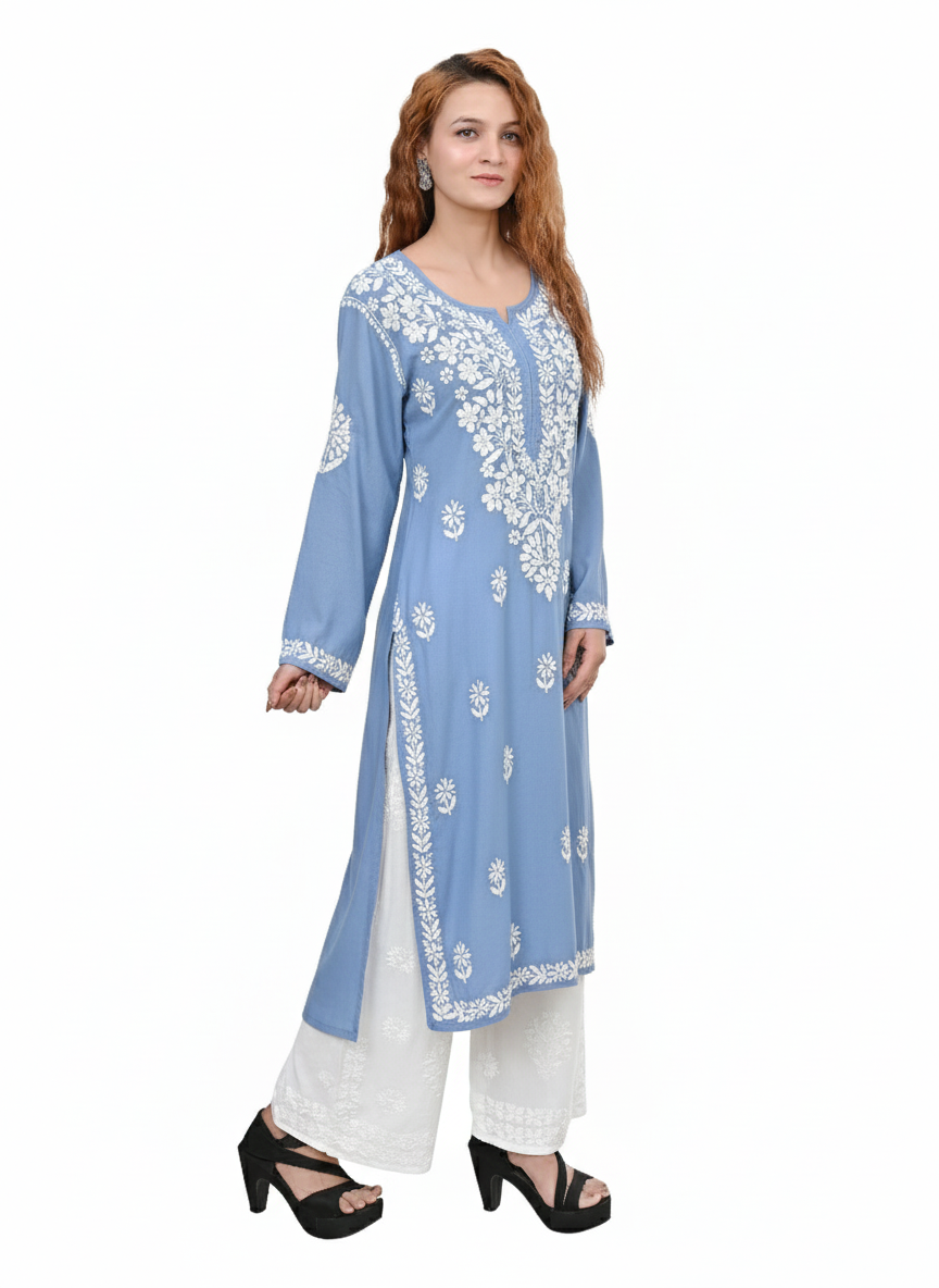 MS CHIKAN ARTS Women's Rayon Full Sleeve Lucknowi Chikankari Hand Work Round Neck Kurti