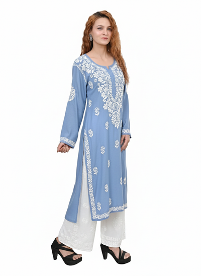 MS CHIKAN ARTS Women's Rayon Full Sleeve Lucknowi Chikankari Hand Work Round Neck Kurti