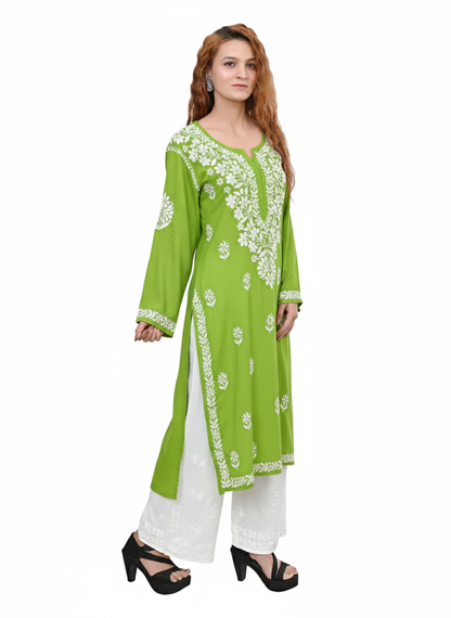MS CHIKAN ARTS Women's Rayon Full Sleeve Lucknowi Chikankari Hand Work Round Neck Kurti