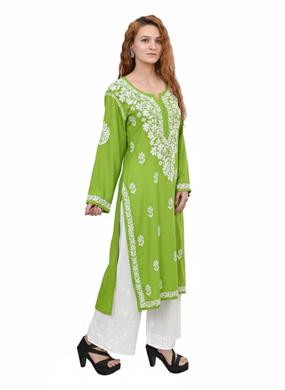 MS CHIKAN ARTS Women's Rayon Full Sleeve Lucknowi Chikankari Hand Work Round Neck Kurti