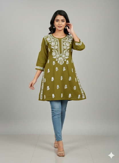 "Short Rayon Lucknowi Chikankari Kurti with Hand Embroidery"